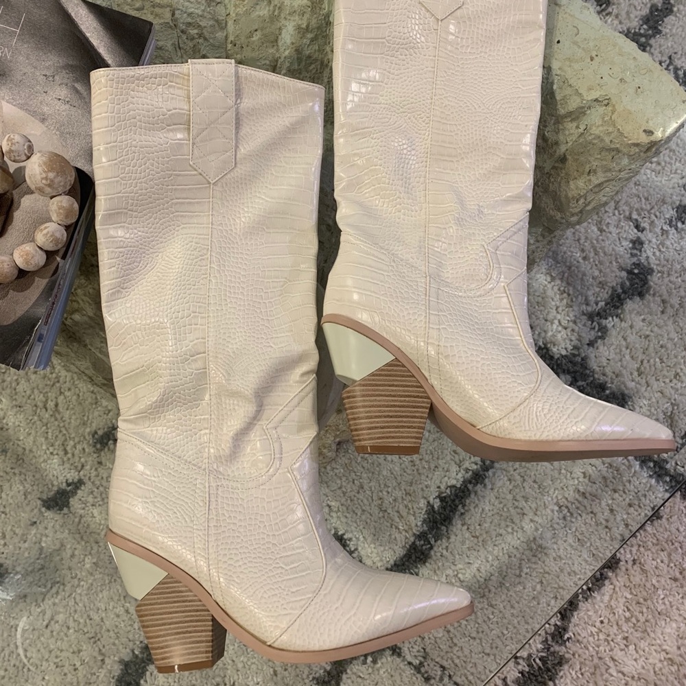 White Faux Crocodile Heeled Cowboy Boots